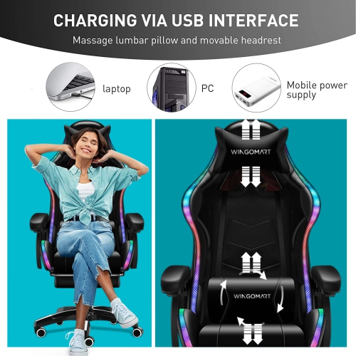 WINGOMART Ergonomic High-Back PU Faux Leather Gaming Chair With built in LED light, Office chair W/ Lumbar Massage & Footrest High Back Adjustable