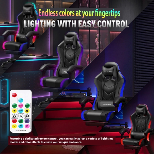 Fauteuil de jeu ergonomique en similicuir pu à dossier haut WINGOMART avec éclairage DEL RVB intégré, fauteuil de bureau avec massage lombaire et