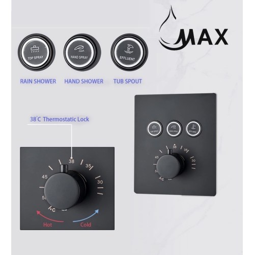 MAX Faucets Thermostatic Shower System Three Functions With Valve Matte Black Finish Square Showerhead 12"