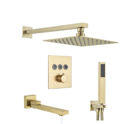 MAX Faucets Thermostatic Shower System Three Functions With Valve Brushed Gold Finish Square Showerhead 12''