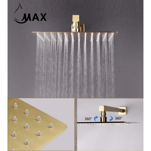 MAX Faucets Thermostatic Shower System Three Functions With Valve Brushed Gold Finish Square Showerhead 12''