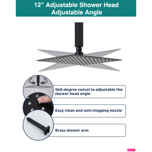 MAX Faucets Ceiling Thermostatic Shower System Three Functions With Valve Matte Black Finish