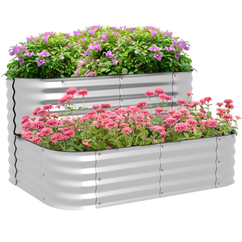 OUTSUNNY  2-Tier Raised Garden Bed Kit, 4X3X1Ft Outdoor Galvanized Planter Box With Safety Edging for Vegetables, Flowers, Fruits And Herbs In Silver