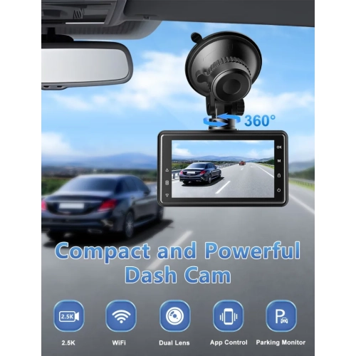 2.5K+1080P Dash Cam Front and Rear Camera | WiFi, Parking Monitor, Super Night Vision