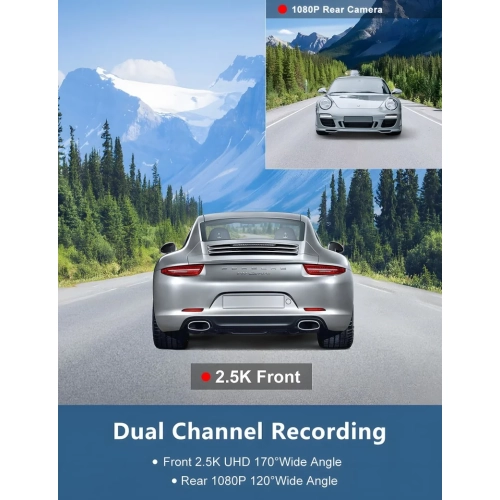 2.5K+1080P Dash Cam Front and Rear Camera | WiFi, Parking Monitor, Super Night Vision