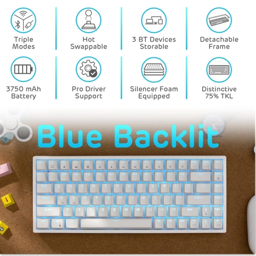 Blue Backlit 75% Triple Mode BT5.0/2.4G/USB-C Hot Swappable Mechanical Keyboard, 84 Keys Tenkeyless Mechanical Keyboard w/Detachable Frame &
