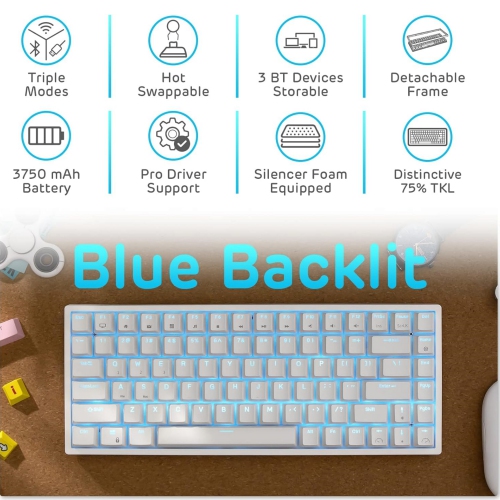 Blue Backlit 75% Triple Mode BT5.0/2.4G/USB-C Hot Swappable Mechanical Keyboard, 84 Keys Tenkeyless Mechanical Keyboard w/Detachable Frame &