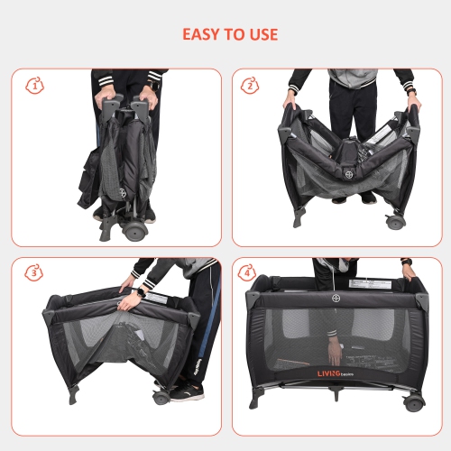 2-in-1 Foldable Baby Playard and Bassinet with Wheels for Freely Moving, Portable Crib Bed Play Yard Weight to 30lbs