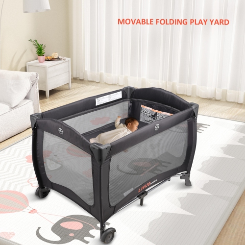 2-in-1 Foldable Baby Playard and Bassinet with Wheels for Freely Moving, Portable Crib Bed Play Yard Weight to 30lbs