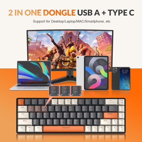 60% Wireless Mechanical Keyboard, Bluetooth 5.0/2.4GHz with Dual Mode 2-in-1 Receiver, Compact 68-Key Hot Swappable Ergonomic Gaming Keyboard, Clicky