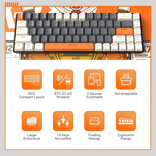 60% Wireless Mechanical Keyboard, Bluetooth 5.0/2.4GHz with Dual Mode 2-in-1 Receiver, Compact 68-Key Hot Swappable Ergonomic Gaming Keyboard, Clicky