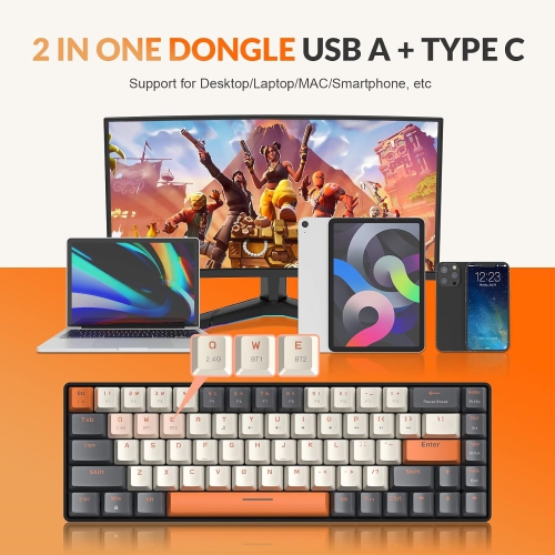 60% Wireless Mechanical Keyboard, Bluetooth 5.0/2.4GHz with Dual Mode 2-in-1 Receiver, Compact 68-Key Hot Swappable Ergonomic Gaming Keyboard, Clicky