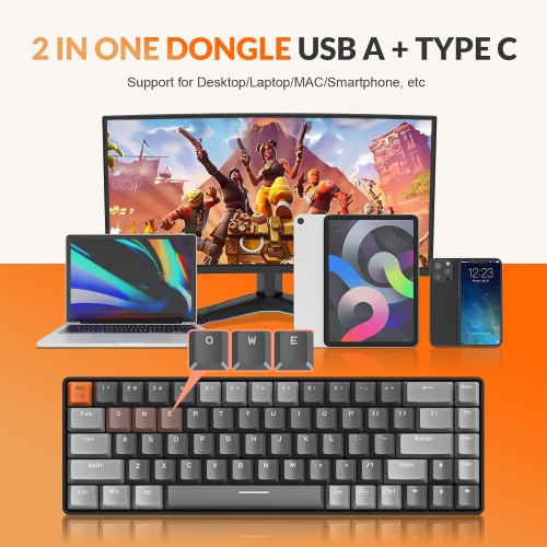 60% Wireless Mechanical Keyboard, Bluetooth 5.0/2.4GHz with Dual Mode 2-in-1 Receiver, Compact 68-Key Hot Swappable Ergonomic Gaming Keyboard, Clicky