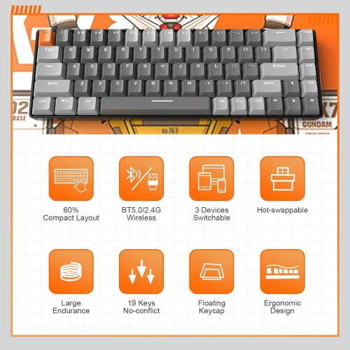 60% Wireless Mechanical Keyboard, Bluetooth 5.0/2.4GHz with Dual Mode 2-in-1 Receiver, Compact 68-Key Hot Swappable Ergonomic Gaming Keyboard, Clicky