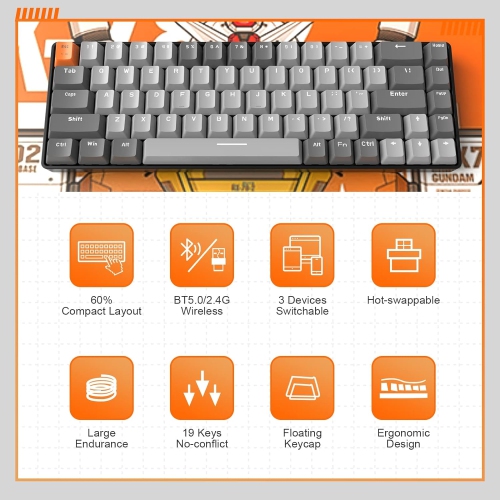 60% Wireless Mechanical Keyboard, Bluetooth 5.0/2.4GHz with Dual Mode 2-in-1 Receiver, Compact 68-Key Hot Swappable Ergonomic Gaming Keyboard, Clicky