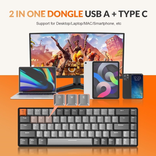 60% Wireless Mechanical Keyboard, Bluetooth 5.0/2.4GHz with Dual Mode 2-in-1 Receiver, Compact 68-Key Hot Swappable Ergonomic Gaming Keyboard, Clicky