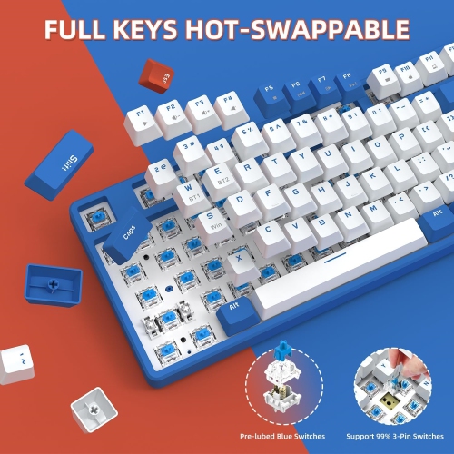 75% Wireless Mechanical Keyboard, Bluetooth/2.4G Dual Mode, 87 Keys Compact TKL Hot Swappable Gaming Keyboard, Keycaps Clicky Blue Switch Custom