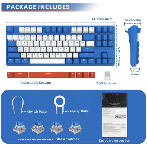 75% Wireless Mechanical Keyboard, Bluetooth/2.4G Dual Mode, 87 Keys Compact TKL Hot Swappable Gaming Keyboard, Keycaps Clicky Blue Switch Custom