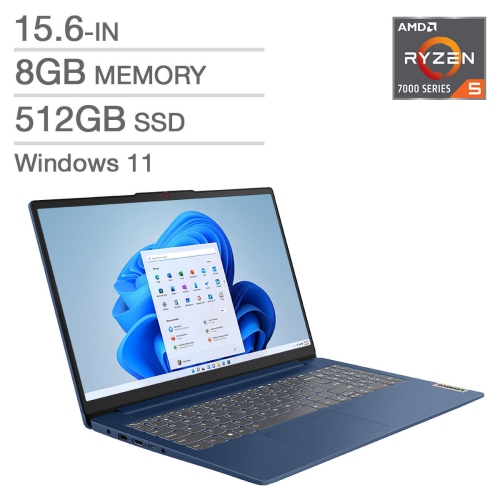 LENOVO  Ideapad Slim 3 15.6” Fhd Ips 300 Nits, Amd Ryzen 5 7520U (4-Cores) 8GB Ddr5 Ram, 512GB Nvme SSD, R610M Graphics, Wifi 6, Backlit Kb Win 11