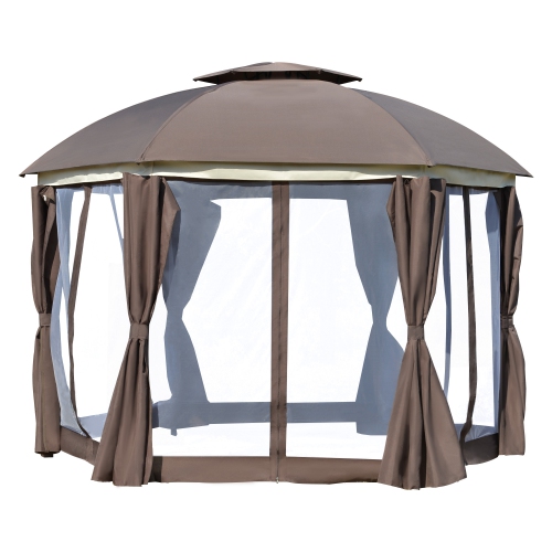 OUTSUNNY  12' X 12' Round Outdoor Gazebo, Patio Double Soft Top Gazebo Canopy Shelter \w Zipper Netting Sidewalls And Removable Curtains for Garden