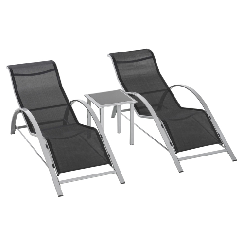 Outsunny 3 Pieces Patio Pool Lounge Chairs Set, Outdoor Chaise lounge with 2 S-Shaped Sunbathing Chairs and a Glass Top Table, for Yard Garden, Black