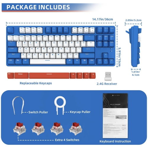 75% Wireless Mechanical Keyboard, Bluetooth/2.4G Dual Mode, 87 Keys Compact TKL Hot Swappable Gaming Keyboard, Keycaps Linear Red Switch Custom