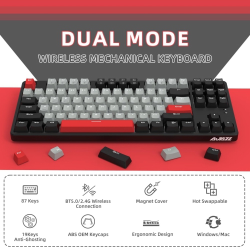 75% Wireless Mechanical Keyboard, Bluetooth/2.4G Dual Mode, 87 Keys Compact TKL Hot Swappable Gaming Keyboard, Keycaps Linear Red Switch Custom