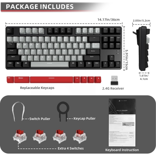 75% Wireless Mechanical Keyboard, Bluetooth/2.4G Dual Mode, 87 Keys Compact TKL Hot Swappable Gaming Keyboard, Keycaps Linear Red Switch Custom