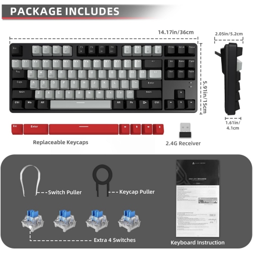 75% Wireless Mechanical Keyboard, Bluetooth/2.4G Dual Mode, 87 Keys Compact TKL Hot Swappable Gaming Keyboard, Keycaps Linear Blue Switch Custom