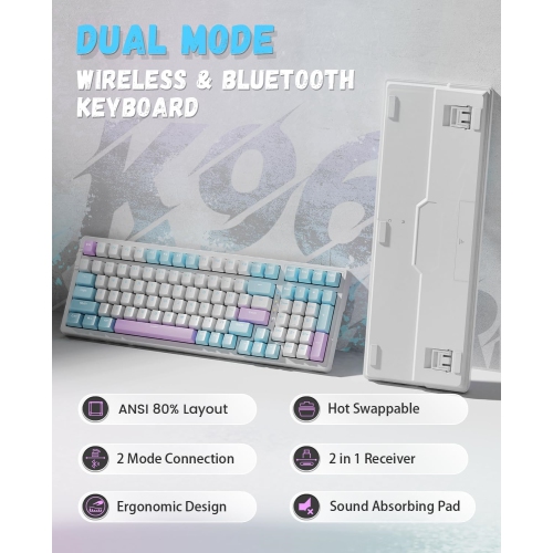 Wireless Mechanical Keyboard, Dual Mode 2.4G/BT5.0 2-in-1 Receiver, 100 Keys Hot Swappable Red Switches Gaming Keyboard with Number Pad for PC