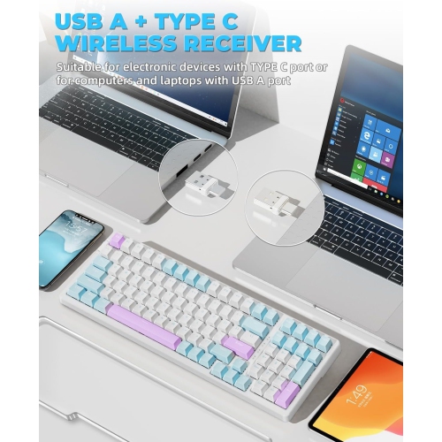 Wireless Mechanical Keyboard, Dual Mode 2.4G/BT5.0 2-in-1 Receiver, 100 Keys Hot Swappable Red Switches Gaming Keyboard with Number Pad for PC