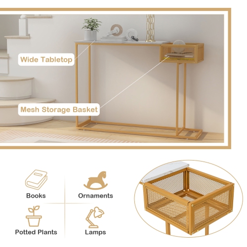 Gymax Console Table Faux Narrow Marble Entryway Sofa Table with Storage Wire Basket