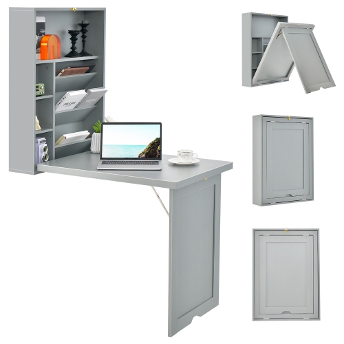 Gymax Wall Mounted Computer Convertible Desk Floating Desk w/ Storage Bookcases Grey