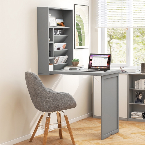 Gymax Wall Mounted Computer Convertible Desk Floating Desk w/ Storage Bookcases Grey