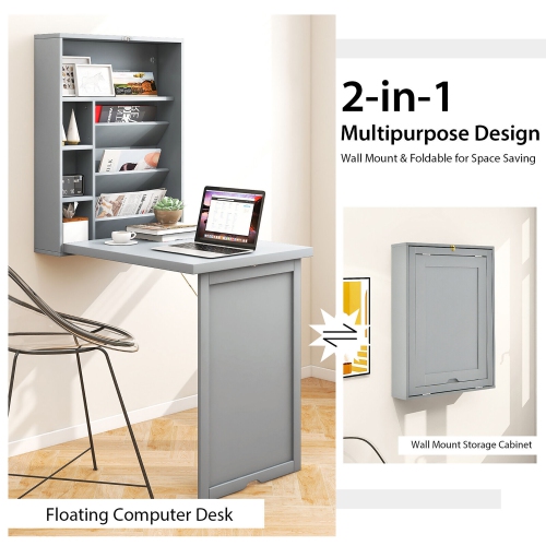 Gymax Wall Mounted Computer Convertible Desk Floating Desk w/ Storage Bookcases Grey