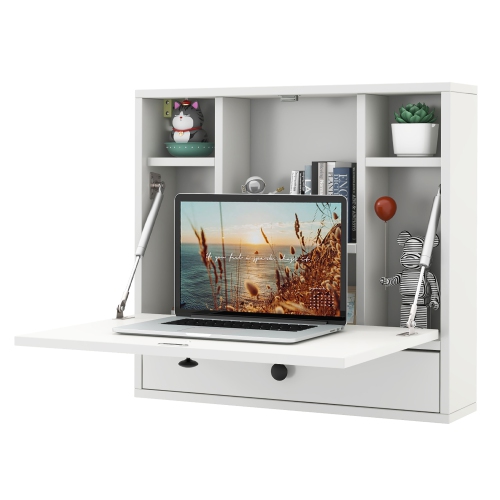 Gymax Wall-mounted Desk Floating Computer Workstation w/ Storage Shelves Home Office