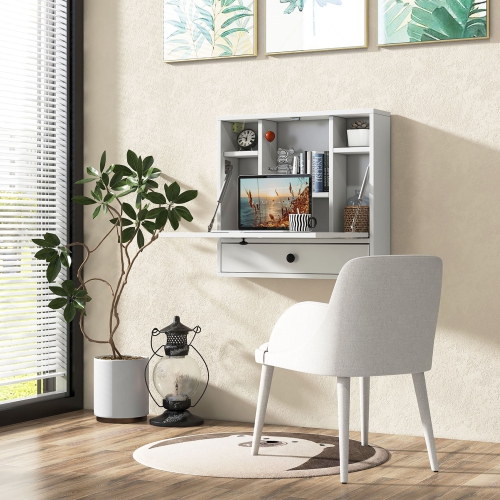 Gymax Wall-mounted Desk Floating Computer Workstation w/ Storage Shelves Home Office