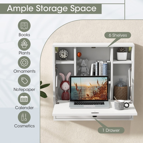 Gymax Wall-mounted Desk Floating Computer Workstation w/ Storage Shelves Home Office