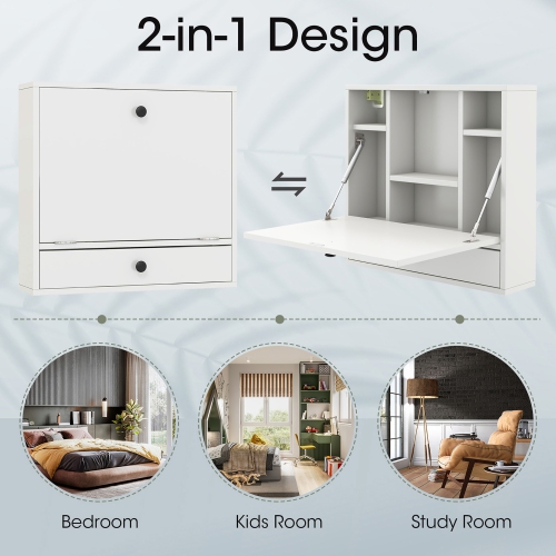 Gymax Wall-mounted Desk Floating Computer Workstation w/ Storage Shelves Home Office