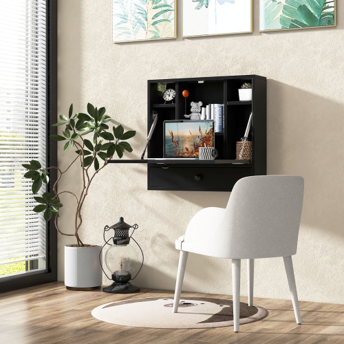 Gymax Wall-mounted Desk Floating Computer Workstation w/ Storage Shelves Home Office