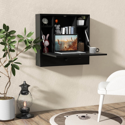 Gymax Wall-mounted Desk Floating Computer Workstation w/ Storage Shelves Home Office