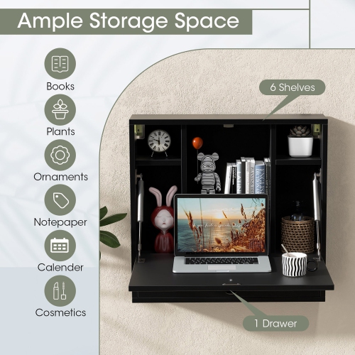 Gymax Wall-mounted Desk Floating Computer Workstation w/ Storage Shelves Home Office