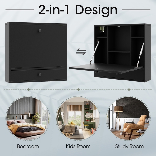 Gymax Wall-mounted Desk Floating Computer Workstation w/ Storage Shelves Home Office