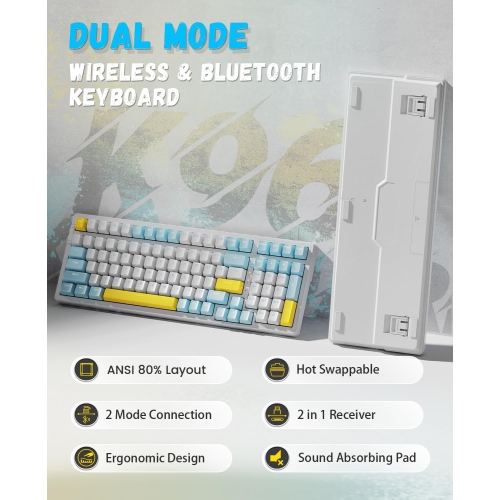 Wireless Mechanical Keyboard, Dual Mode 2.4G/BT5.0 2-in-1 Receiver, 100 Keys Hot Swappable Red Switches Gaming Keyboard with Number Pad for PC