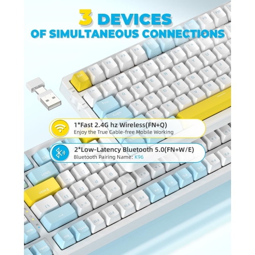 Wireless Mechanical Keyboard, Dual Mode 2.4G/BT5.0 2-in-1 Receiver, 100 Keys Hot Swappable Red Switches Gaming Keyboard with Number Pad for PC