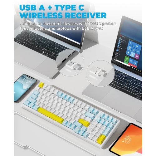 Wireless Mechanical Keyboard, Dual Mode 2.4G/BT5.0 2-in-1 Receiver, 100 Keys Hot Swappable Red Switches Gaming Keyboard with Number Pad for PC