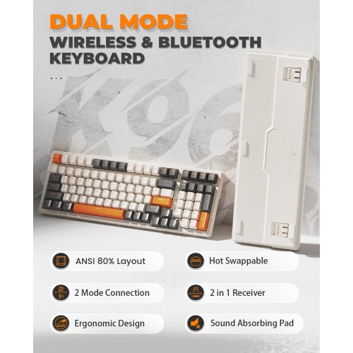 Wireless Mechanical Keyboard, Dual Mode 2.4G/BT5.0 2-in-1 Receiver, 100 Keys Hot Swappable Red Switches Gaming Keyboard with Number Pad for PC