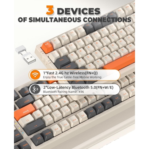 Wireless Mechanical Keyboard, Dual Mode 2.4G/BT5.0 2-in-1 Receiver, 100 Keys Hot Swappable Red Switches Gaming Keyboard with Number Pad for PC