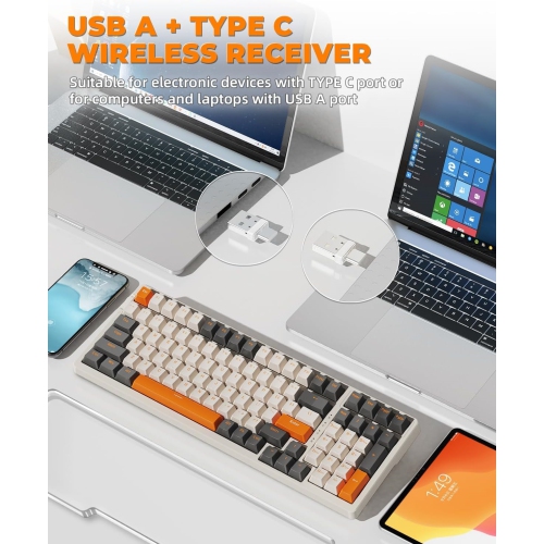 Wireless Mechanical Keyboard, Dual Mode 2.4G/BT5.0 2-in-1 Receiver, 100 Keys Hot Swappable Red Switches Gaming Keyboard with Number Pad for PC