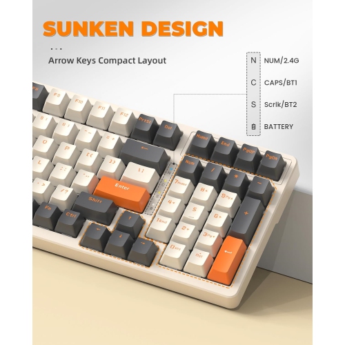 Wireless Mechanical Keyboard, Dual Mode 2.4G/BT5.0 2-in-1 Receiver, 100 Keys Hot Swappable Red Switches Gaming Keyboard with Number Pad for PC